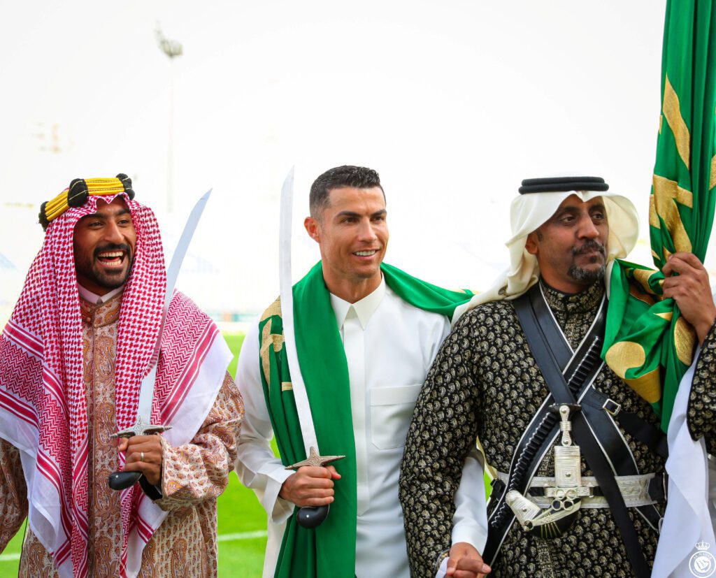 Cristiano Ronaldo celebrates Saudi Founding Day 2023 Al-Nassr's Cristiano Ronaldo celebrates Saudi Arabia's Founding Day wearing local traditional clothes at Al-Nassr Football Club in Riyadh, Saudi Arabia, February 22, 2023. Al-Nassr FC/Handout via REUTERS ATTENTION EDITORS - THIS PICTURE WAS PROVIDED BY A THIRD PARTY