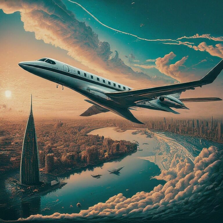 A detailed digital illustration of a modern private jet airport in Saudi Arabia. The image shows several private jets of various sizes parked at the terminal, with passengers and crew members moving around.