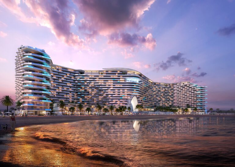 Sora Beach Residences on Al Marjan Island, a luxury beachfront view of featuring modern architecture and a private beach.