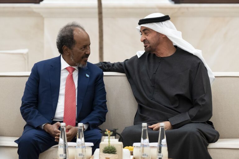 UAE President Sheikh Mohamed bin Zayed and Somali President Hassan Sheikh Mohamud in discussion.