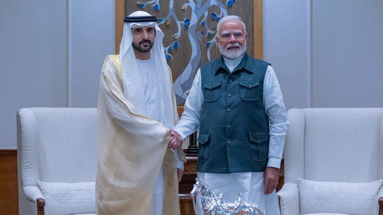 Sheikh Hamdan signing MoUs with Indian officials during his India visit in April 2025 meeting Narendra Modi gifting Chetak Silver