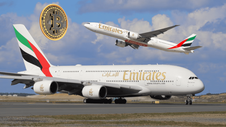 Emirates flight ticket with crypto symbols